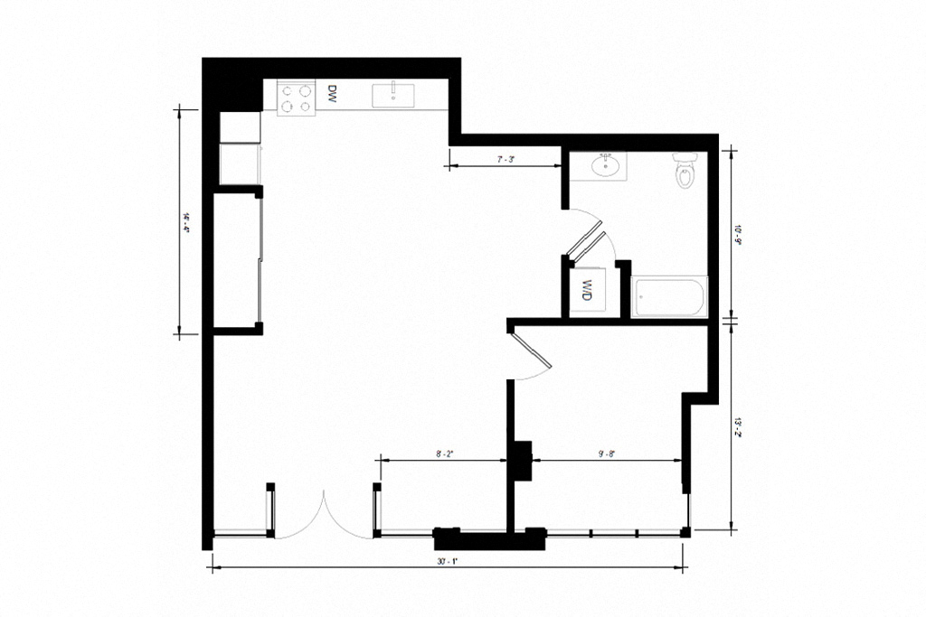 Floor plan for 1 bed, 1 bath, 880 sqft
